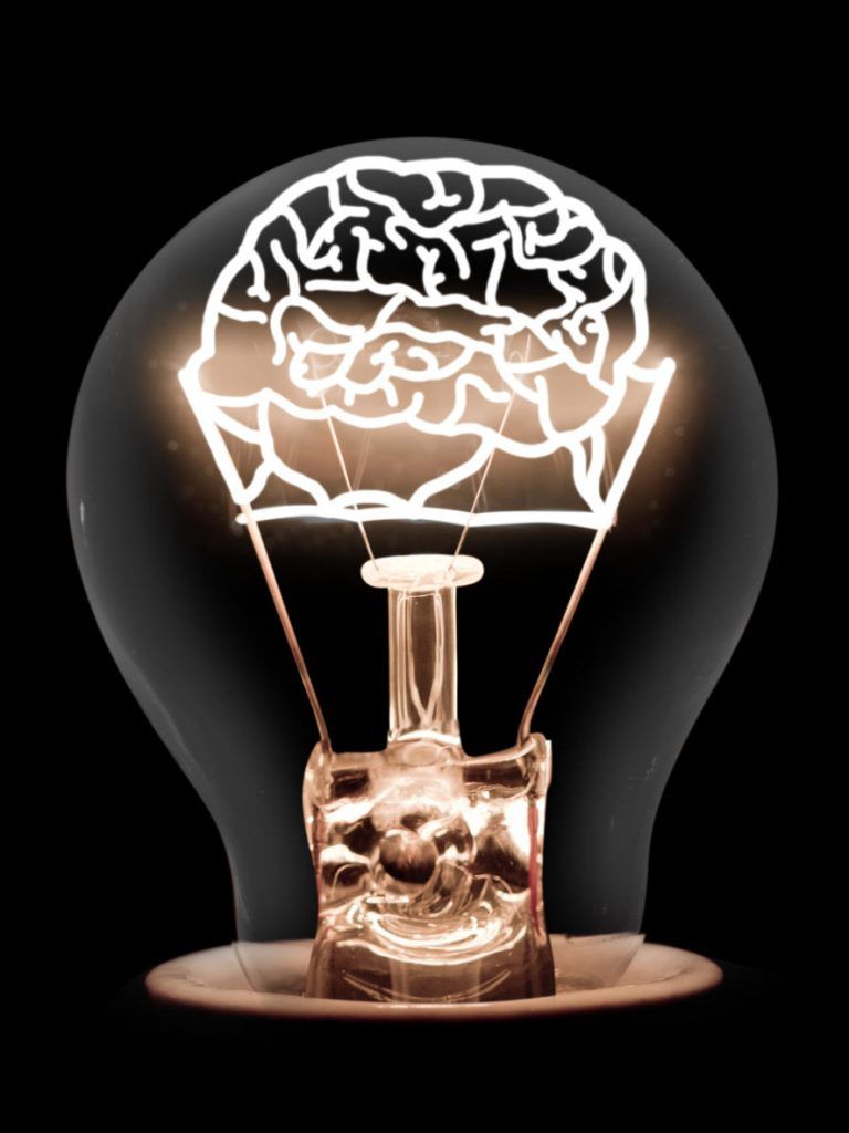 Light bulb with brain illustration inside the element. 